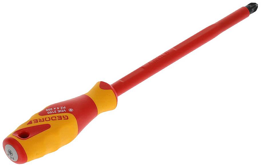 Insulated screwdriver with red and yellow handle, suitable for working on live circuits up to 1000 volts.