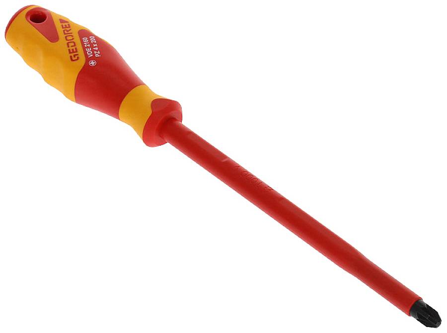 An insulated cross-head screwdriver with a red handle and yellow accents, suitable for work on electrical equipment.