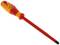 An insulated cross-head screwdriver with a red handle and yellow accents, suitable for work on electrical equipment.