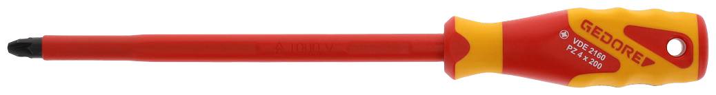 Insulated screwdriver with a red handle and yellow tip, marked with 'GEDORE', suitable for electrical work.