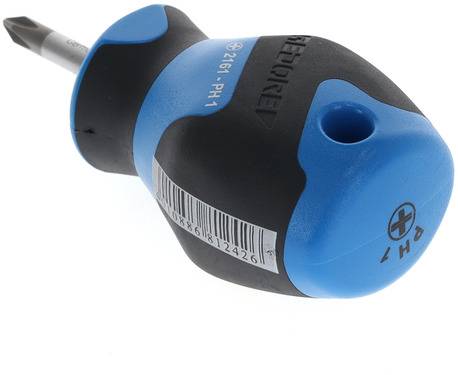 Cross-head screwdriver with blue-black ergonomic handle, bulbous shape, size PH1 indicated on handle cap.