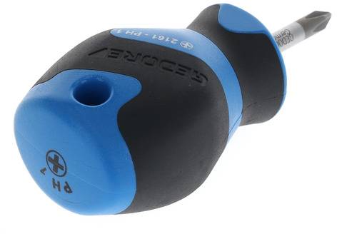 Handy screwdriver with a blue-black handle and a cross-head blade. Ideal for precision work.