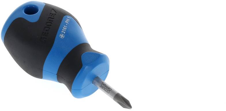 Cross-head screwdriver with an ergonomic blue-black handle and steel tip, positioned sideways.