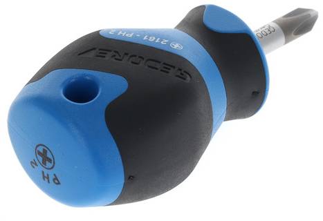 Screwdriver with blue-black handle and silver head. Writing on the handle: 'GEDORE'. Suitable for cross-head screws.