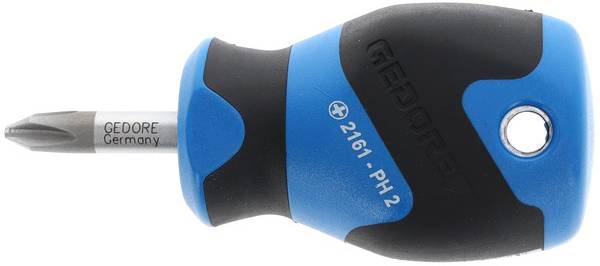 A screwdriver with a blue-black handle and a cross-head tip, with the label 'GEDORE Germany 2161 PH 2' visible.