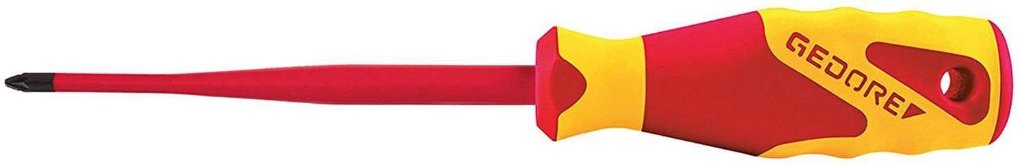 A red and yellow cross-head screwdriver with an ergonomic handle and hanging hole.