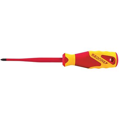 Screwdriver with red and yellow handle, featuring a non-slip ergonomic design and a cross-head tip. Brand name on the side.