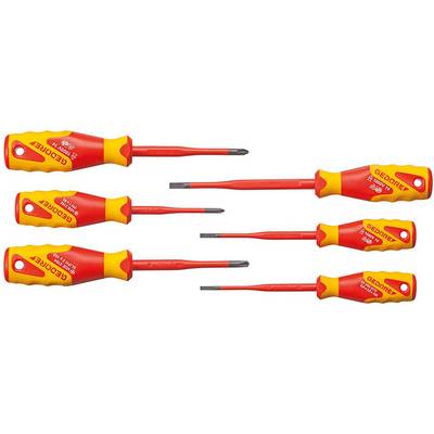Six isolated screwdrivers, each red-yellow, with different blade shapes and sizes, on a white background.