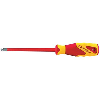 Insulated screwdriver with red and yellow handle, suitable for working on electrical installations. 'GEDORE' brand name on the handle.