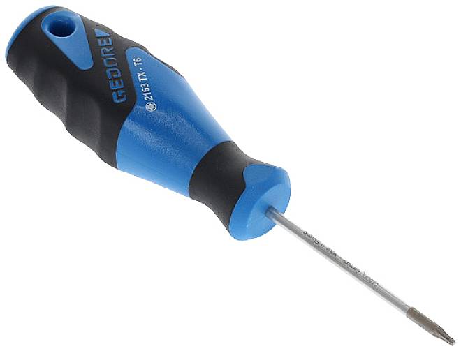 A blue screwdriver with a black handle. The handle is marked with 'GEDORE' and '2153 TX T6'.