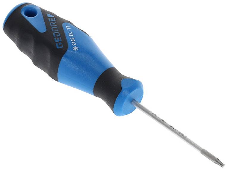 Blue screwdriver with a black handle and 'GEDORE' inscription. Designed for Torx screws in size T7.