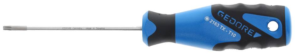 Screwdriver with blue-black handle and silver shaft, marked with 'GEDORE' and '2150 TX T10'.