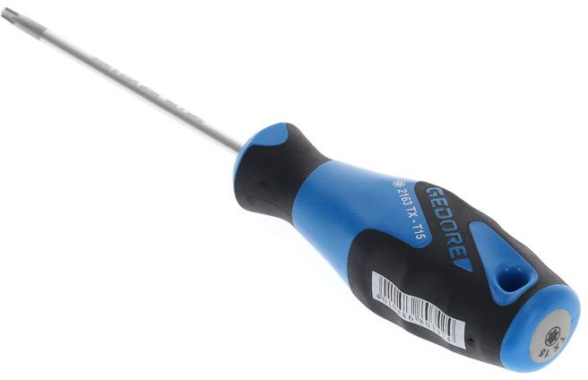 A blue screwdriver with a black handle lies diagonally. 'GEDORE 215' is printed on the handle.