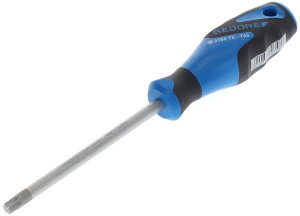 Screwdriver with a blue-black handle and a long, metallic shaft.