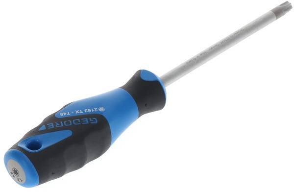 A blue and black screwdriver with an ergonomic handle and a long, slender shaft.
