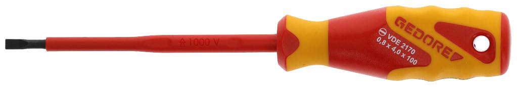 Electric screwdriver with red and yellow handle, insulated for safety. Tip is flat for slotted screws.