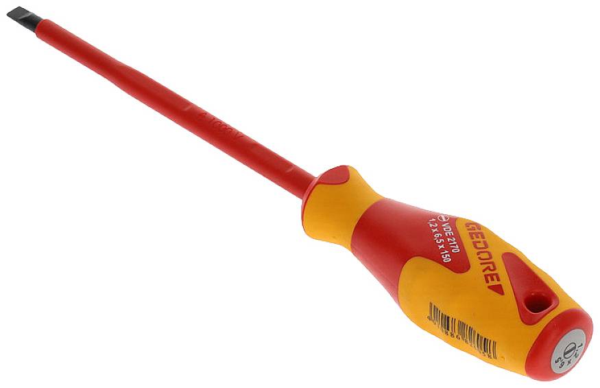 A flat-head screwdriver with a red handle and insulated shaft, suitable for electrical work. The brand name and model are visible on the handle.