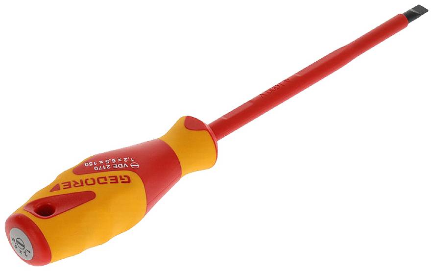 An insulated flat-head screwdriver with a red and yellow handle, specifically designed for work on live electrical circuits and safe to use.