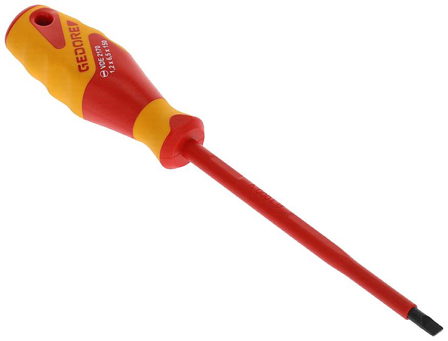 An insulated screwdriver with a red handle, suitable for electrical work.