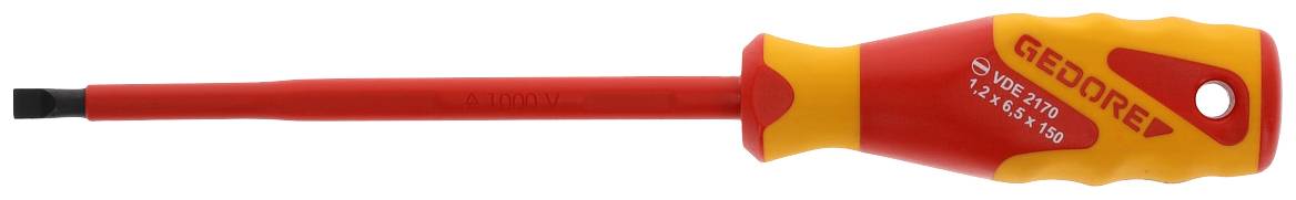 A screwdriver with a red handle and a flat blade, isolated on a white background. Suitable for work on electrical devices.