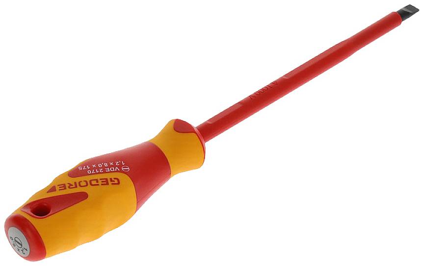 A red screwdriver with a yellow handle, suitable for slotted screws. The handle is marked with 'GEDORE VDE 2170 1.2x6.5x175'.