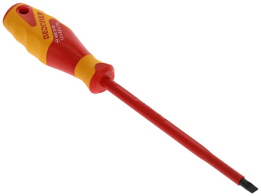 An insulated screwdriver with a red and yellow handle, suitable for work on electrical installations.