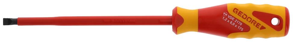 A flat-head screwdriver with a red and orange handle. 'GEDORE VDE' marking visible on the side of the handle.
