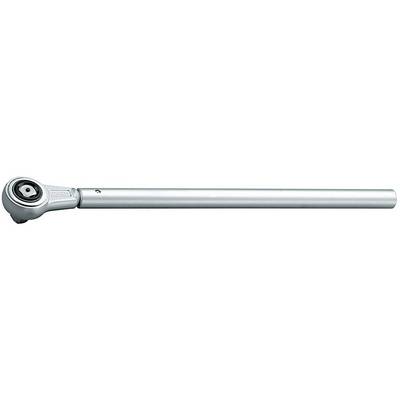 A silver torque wrench with a long handle and square head, used for tightening bolts and nuts.