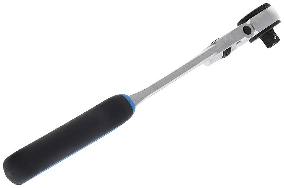 Ratchet with plastic handle, photographed from the side, showing the ratchet mechanism at the top.