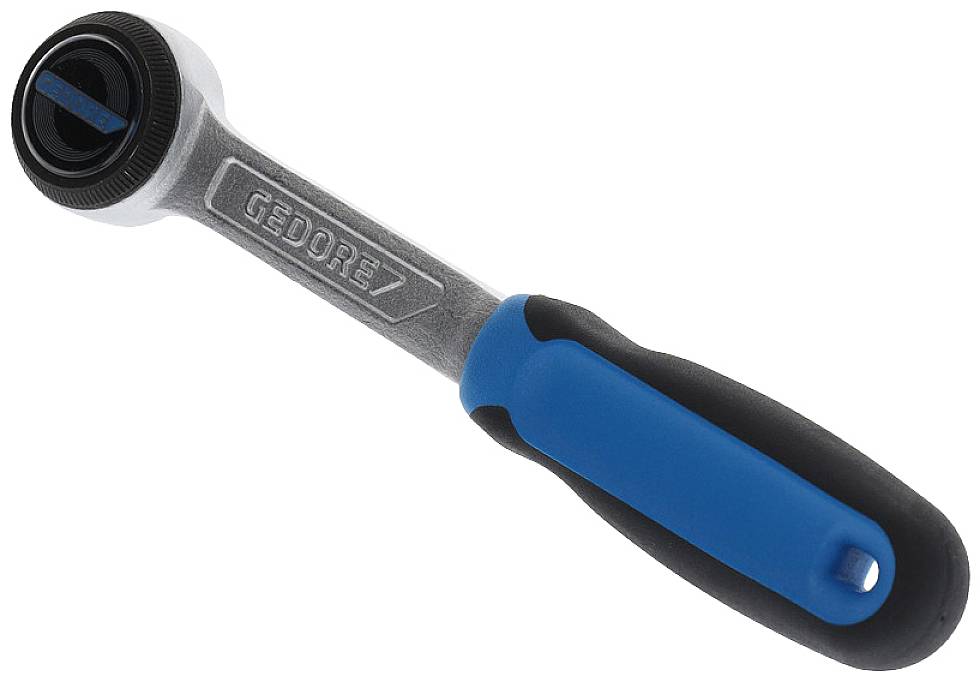 A spanner with a blue-black handle and the inscription 'GEDORE' on the metal part.