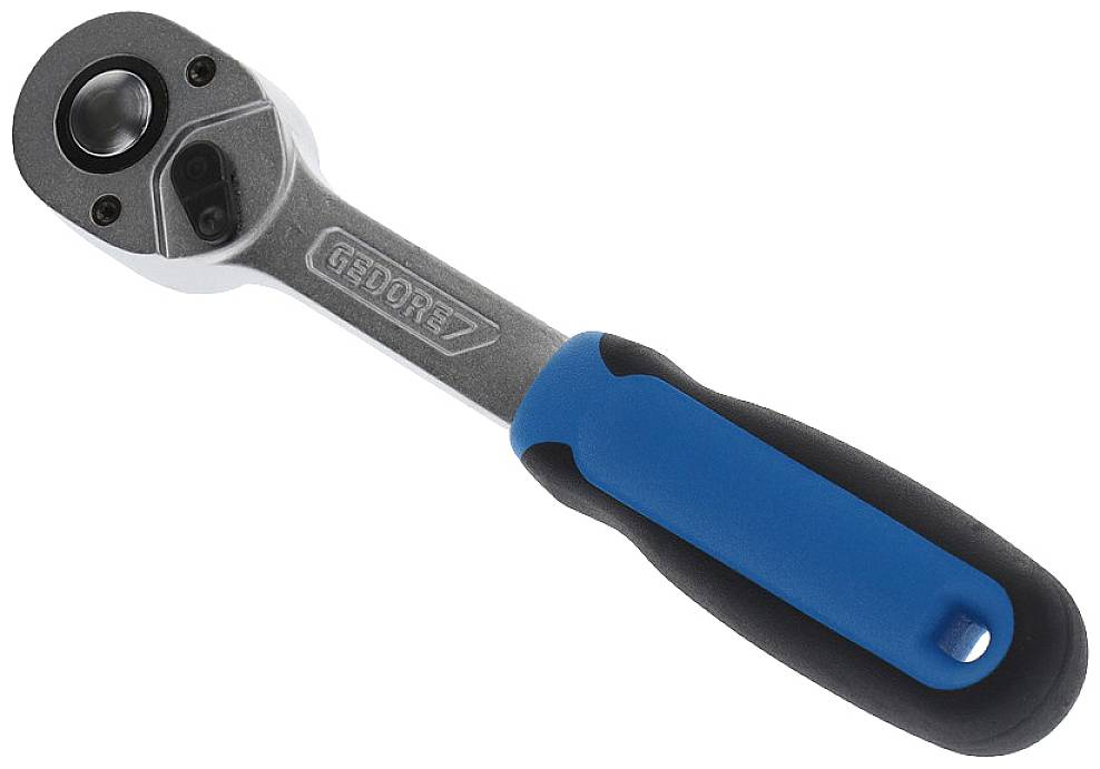 Ratchet spanner with ergonomic blue-black handle. Suitable for screw work in workshops or DIY projects.