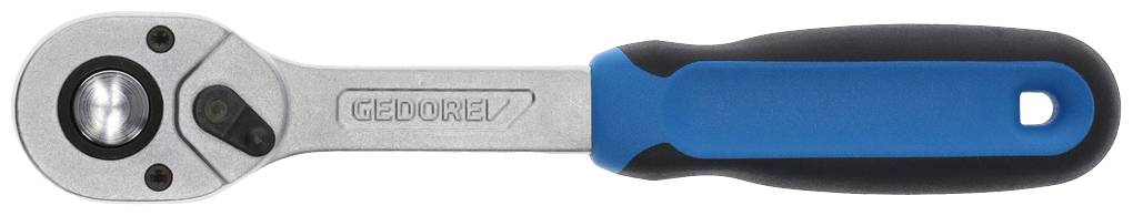 Ratchet with a blue-black handle, on the metal part the word 'GEDORE' is written. Tool used for tightening and loosening screws.
