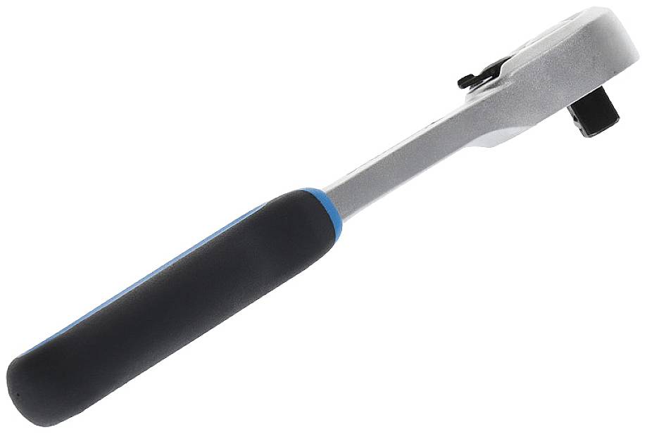 A ratchet with an ergonomic black and blue handle. Primarily used for tightening or loosening screws and nuts.