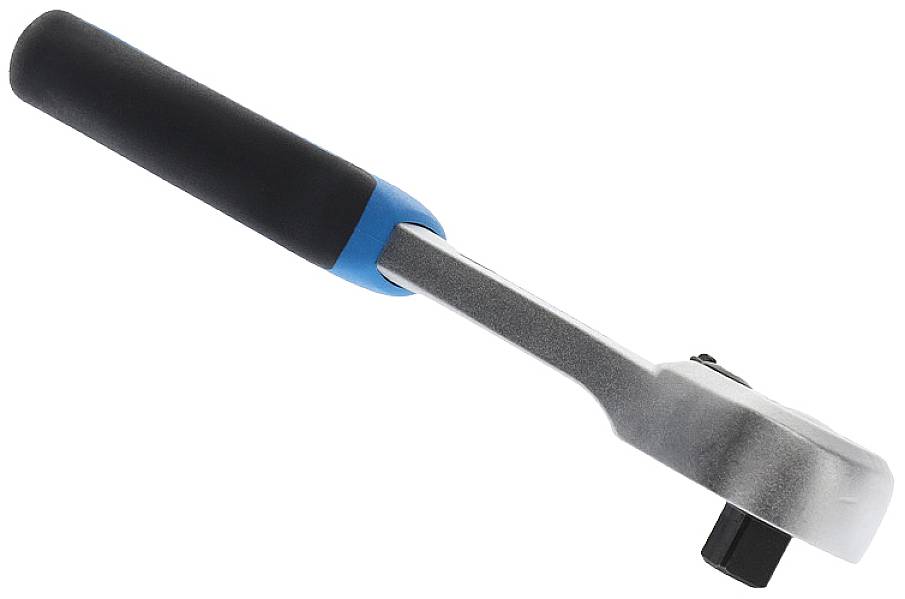 Ratchet with black and blue handle, pictured from the side. It is used for tightening and loosening screws and nuts.