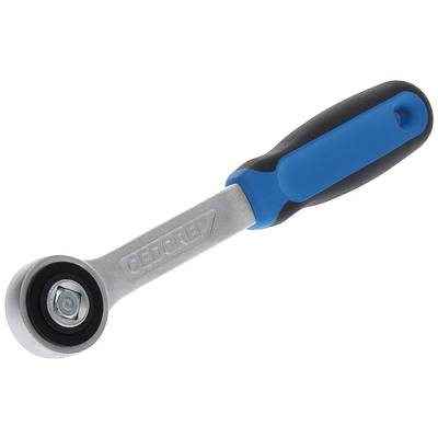A spanner with a blue and black handle, grey metal head, and hexagonal attachment.