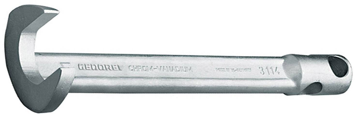 A silver adjustable spanner with a chamfered head and round handle opening; suitable for loosening screws and nuts.