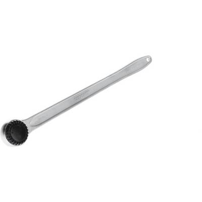 A silver adjustable spanner with a special attachment at one end for gripping or turning pipes or nuts.