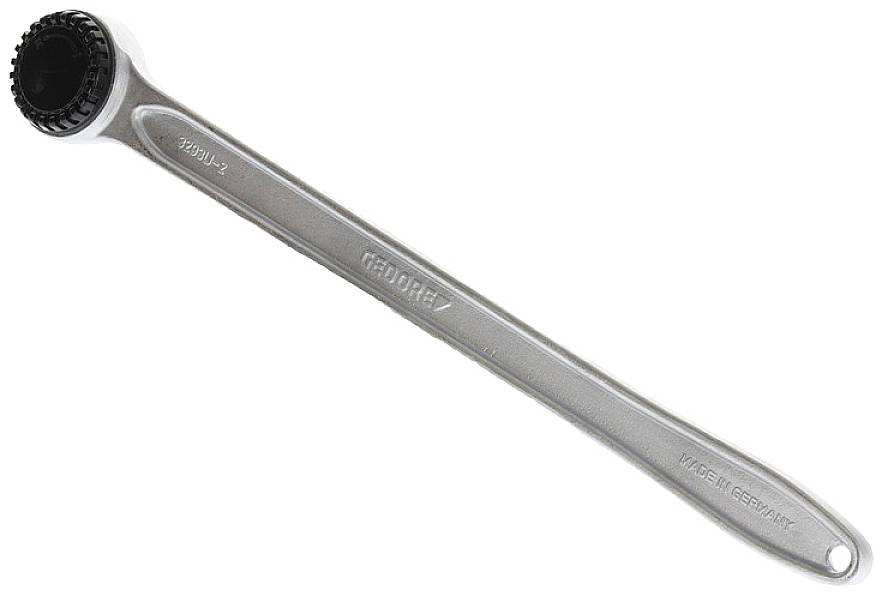 A silver spanner with a round, toothed head and a hole at the end of the handle, bearing the inscription 'GEFORDER' and 'Made in Germany'.