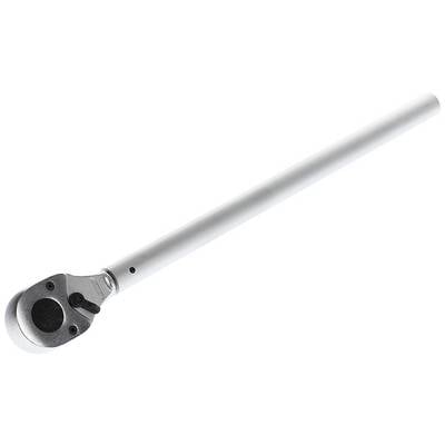 A long silver torque wrench with an adjustable head, used for precisely tightening screws and bolts in technical applications.