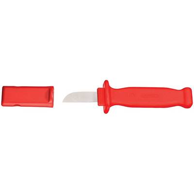Red ceramic knife with red handle and removable red plastic sheath, shown in two parts: handle with blade and separate sheath.