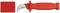 Red wire stripping knife with curved blade and protective cap, suitable for stripping cables in electrical installations.