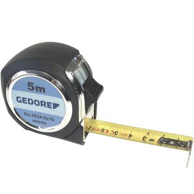 A black tape measure with a blue inscription '5m GEDORE' on the side and extended yellow scale.