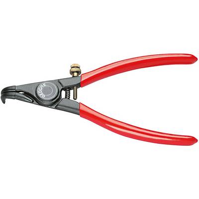 Red and black circlip pliers with adjustable screw, for removing circlips, on white background.