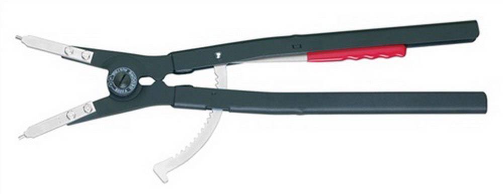 A black pliers with red handles, used for securing circlip retaining rings.