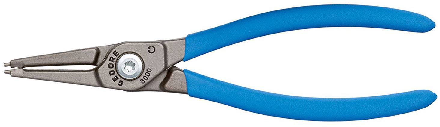 A blue circlip pliers with metal tips and a screw mechanism at the top, suitable for holding and removing circlips.