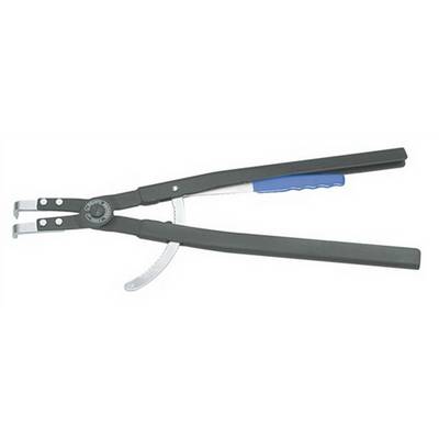 Pictured is a long black pair of pliers with blue handles and special gripping mechanisms at the ends.