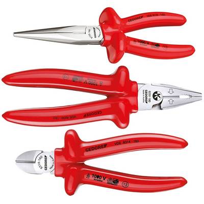 Three red, insulated hand tools: a needle-nose pliers, combination pliers, and side cutters, suitable for electrical work up to 1000V.