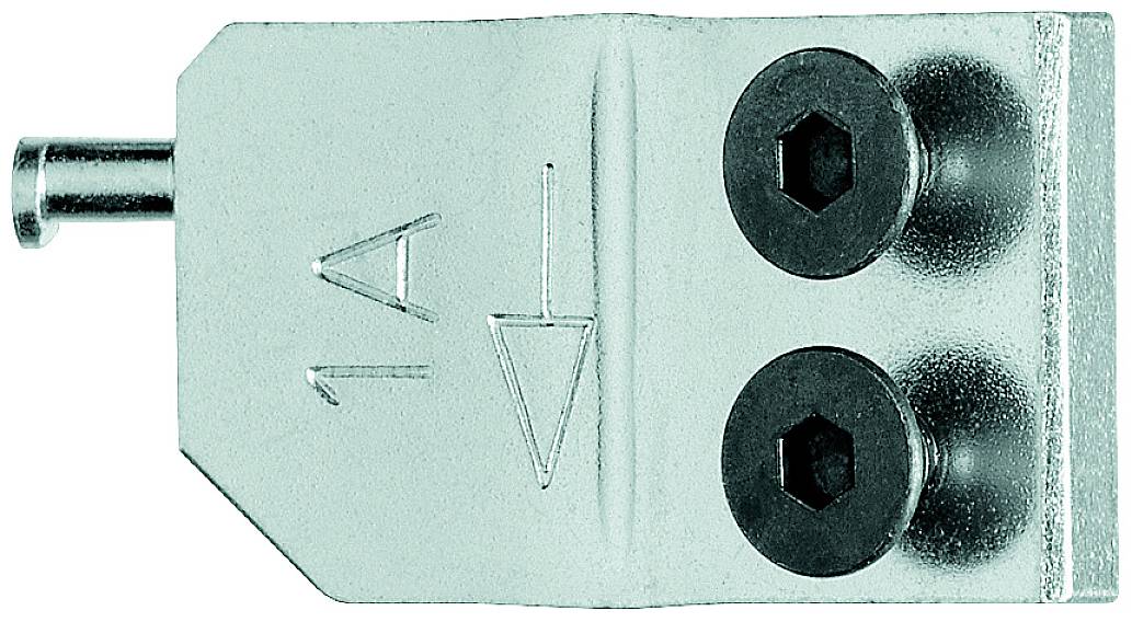 Metal plug with two hexagonal screws and arrow symbols on the top surface, indicating the direction of current flow.