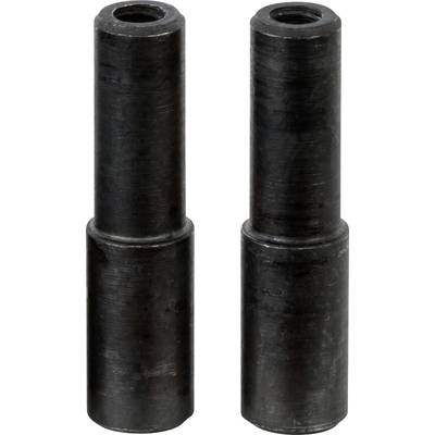 Two cylindrical, black metal pins with a smooth surface, standing side by side. Possibly a mechanical component.