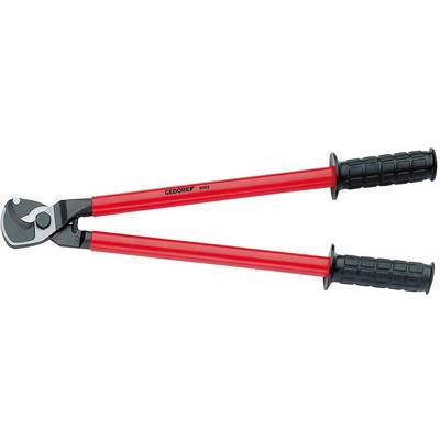 A red cable cutter with black handles, suitable for cutting thick cables or metal rods. Brand name visible.